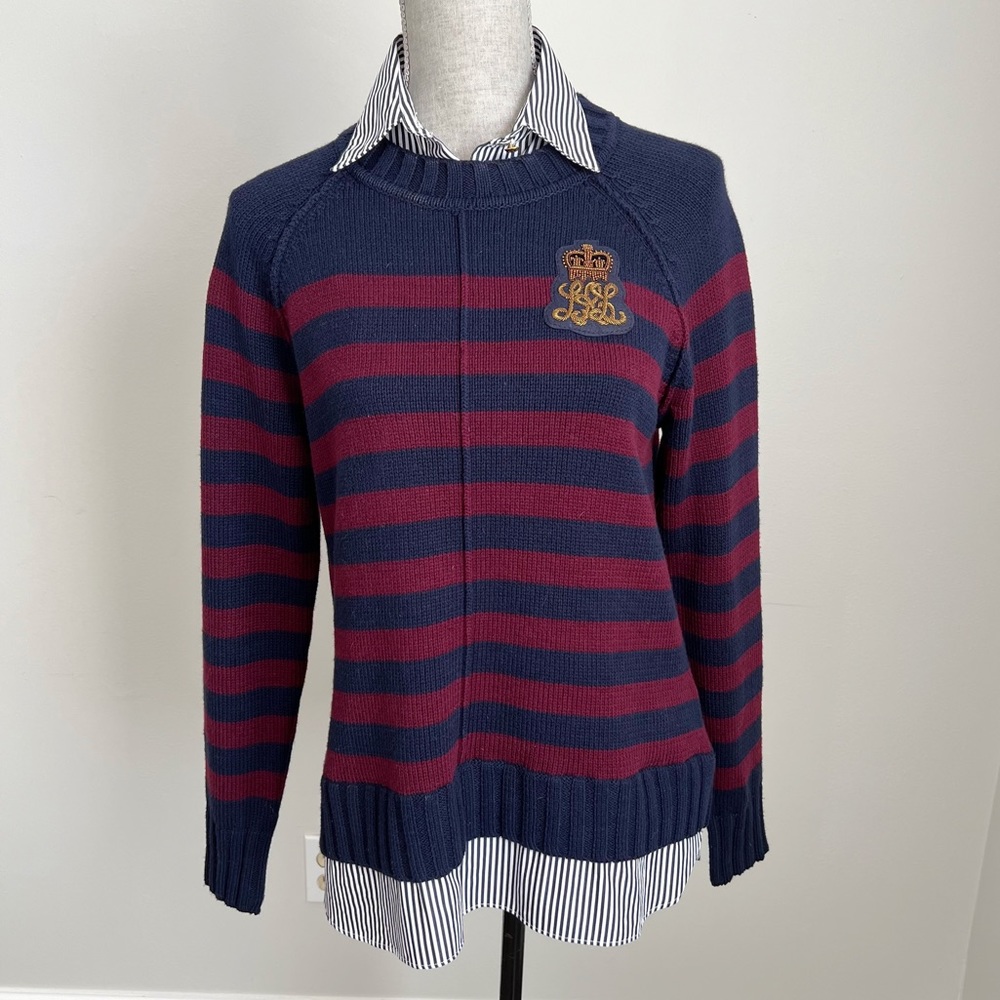 Lauren Ralph Lauren Bullion Crest Faux Layered Sweater Navy Red Stripe Medium - Picture 3 of 17
